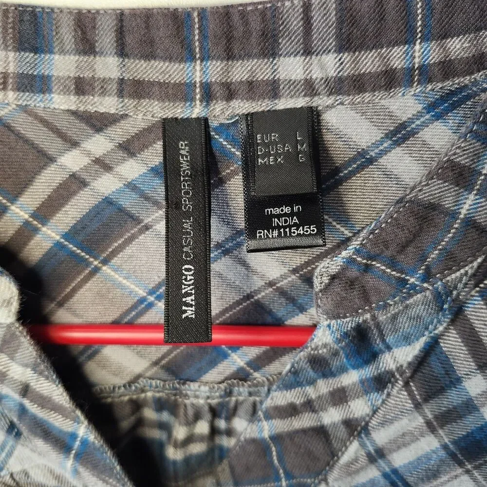 Mango MNG Plaid Tunic Shirt Dress Blue Gray Check 3/4 Sleeve Cotton Size Med - Picture 4 of 11